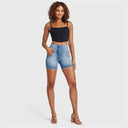 WRUP SNUG Jeans - 3 Button High Waisted - Shorts - Light Blue + Blue Stitching
