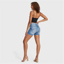 WRUP SNUG Jeans - 3 Button High Waisted - Shorts - Light Blue + Blue Stitching