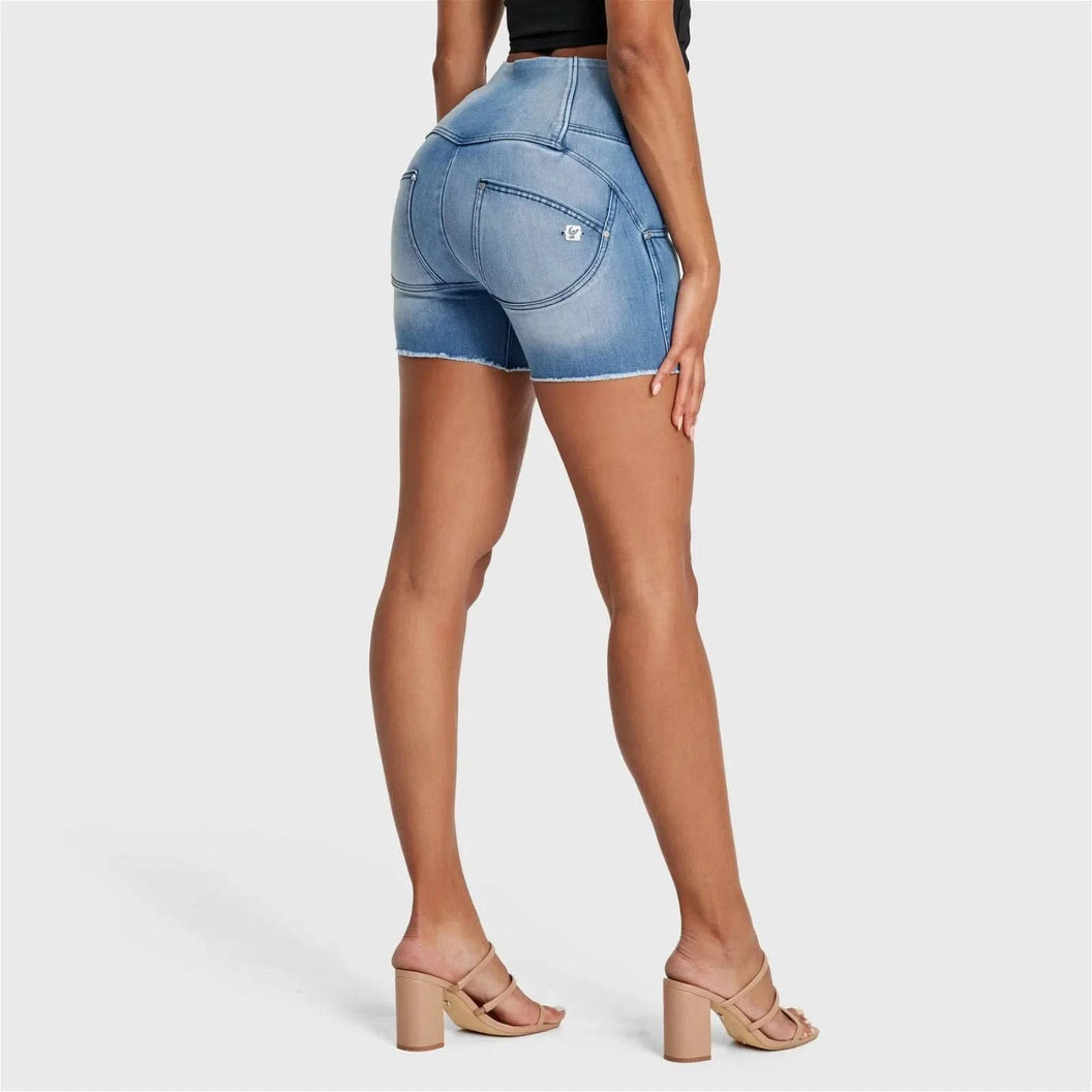 WRUP SNUG Jeans - 3 Button High Waisted - Shorts - Light Blue + Blue Stitching