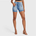 WRUP SNUG Jeans - 3 Button High Waisted - Shorts - Light Blue + Blue Stitching