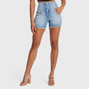 WRUP SNUG Jeans - 3 Button High Waisted - Shorts - Light Blue + Yellow Stitching