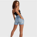 WRUP SNUG Jeans - 3 Button High Waisted - Shorts - Light Blue + Yellow Stitching