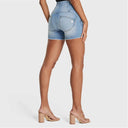WRUP SNUG Jeans - 3 Button High Waisted - Shorts - Light Blue + Yellow Stitching