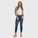 WRUP Snug Jeans - High Waisted - 7/8 Length - Dark Blue + Blue Stitching