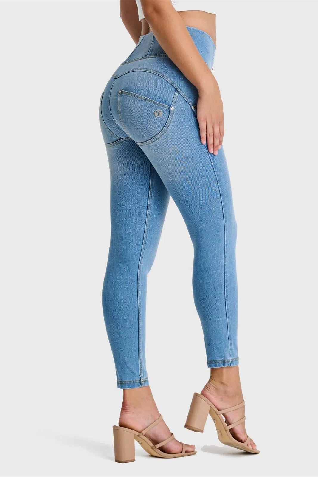 WRUP SNUG Jeans - High Waisted - 7/8 Length - Light Blue + Yellow Stitching 2