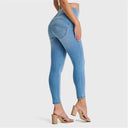 WRUP SNUG Jeans - High Waisted - 7/8 Length - Light Blue + Yellow Stitching