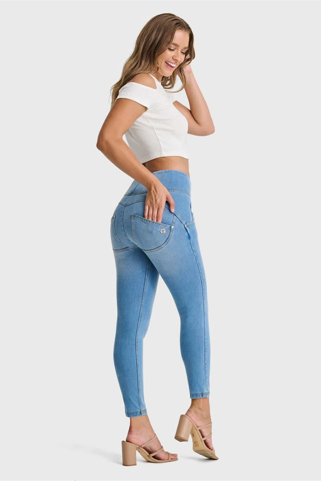 WRUP SNUG Jeans - High Waisted - 7/8 Length - Light Blue + Yellow Stitching 3