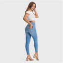 WRUP SNUG Jeans - High Waisted - 7/8 Length - Light Blue + Yellow Stitching