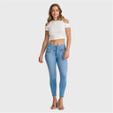 WRUP SNUG Jeans - High Waisted - 7/8 Length - Light Blue + Yellow Stitching