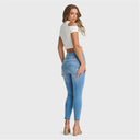 WRUP SNUG Jeans - High Waisted - 7/8 Length - Light Blue + Yellow Stitching