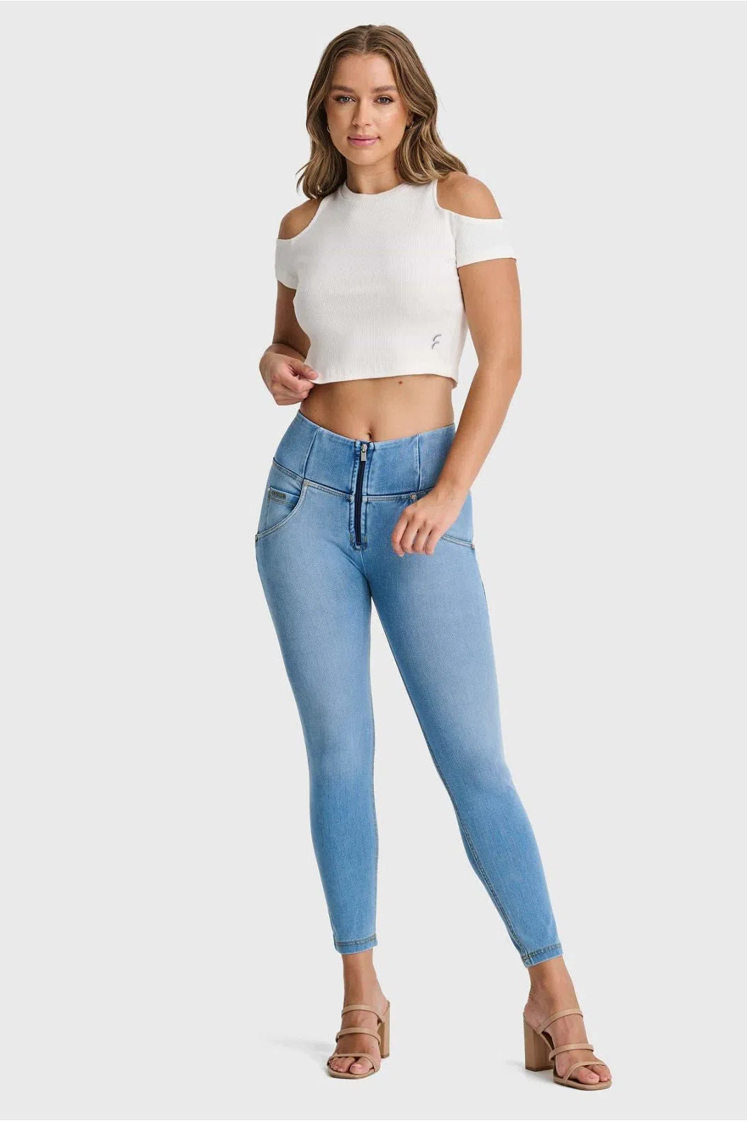 WRUP SNUG Jeans - High Waisted - 7/8 Length - Light Blue + Yellow Stitching 1