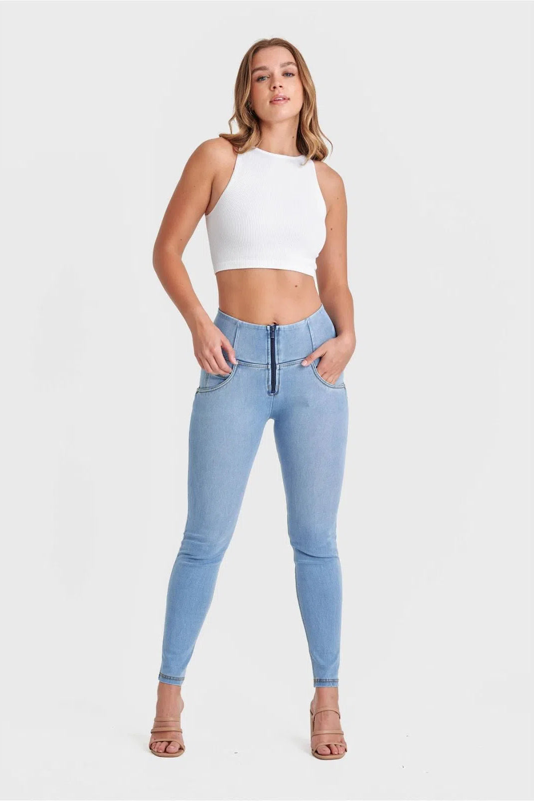 WRUP SNUG Jeans - High Waisted - Full Length - Light Blue + Yellow Stitching 2
