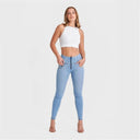 WRUP SNUG Jeans - High Waisted - Full Length - Light Blue + Yellow Stitching