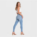 WRUP SNUG Jeans - High Waisted - Full Length - Light Blue + Yellow Stitching