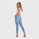 WRUP SNUG Jeans - High Waisted - Full Length - Light Blue + Yellow Stitching