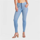 WRUP SNUG Jeans - High Waisted - Full Length - Light Blue + Yellow Stitching