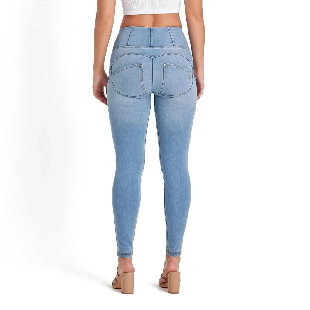 WRUP SNUG Jeans - High Waisted - Full Length - Light Blue + Yellow Stitching