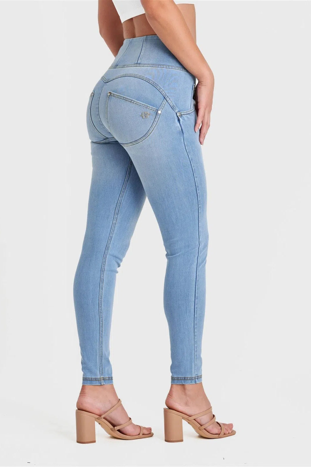 WRUP SNUG Jeans - High Waisted - Full Length - Light Blue + Yellow Stitching 1