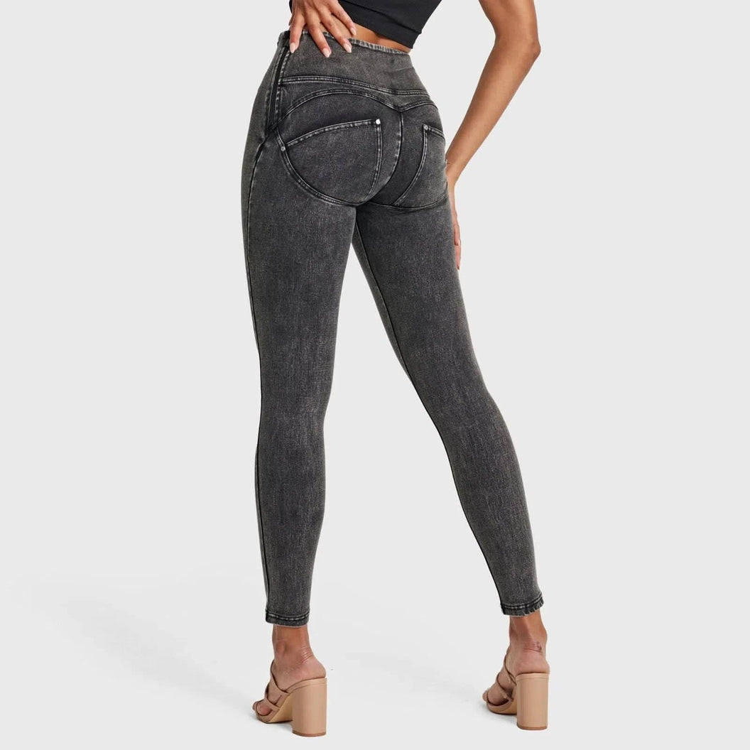 WRUP SNUG Jeans - High Waisted - Full Length - Washed Black + Black Stitching