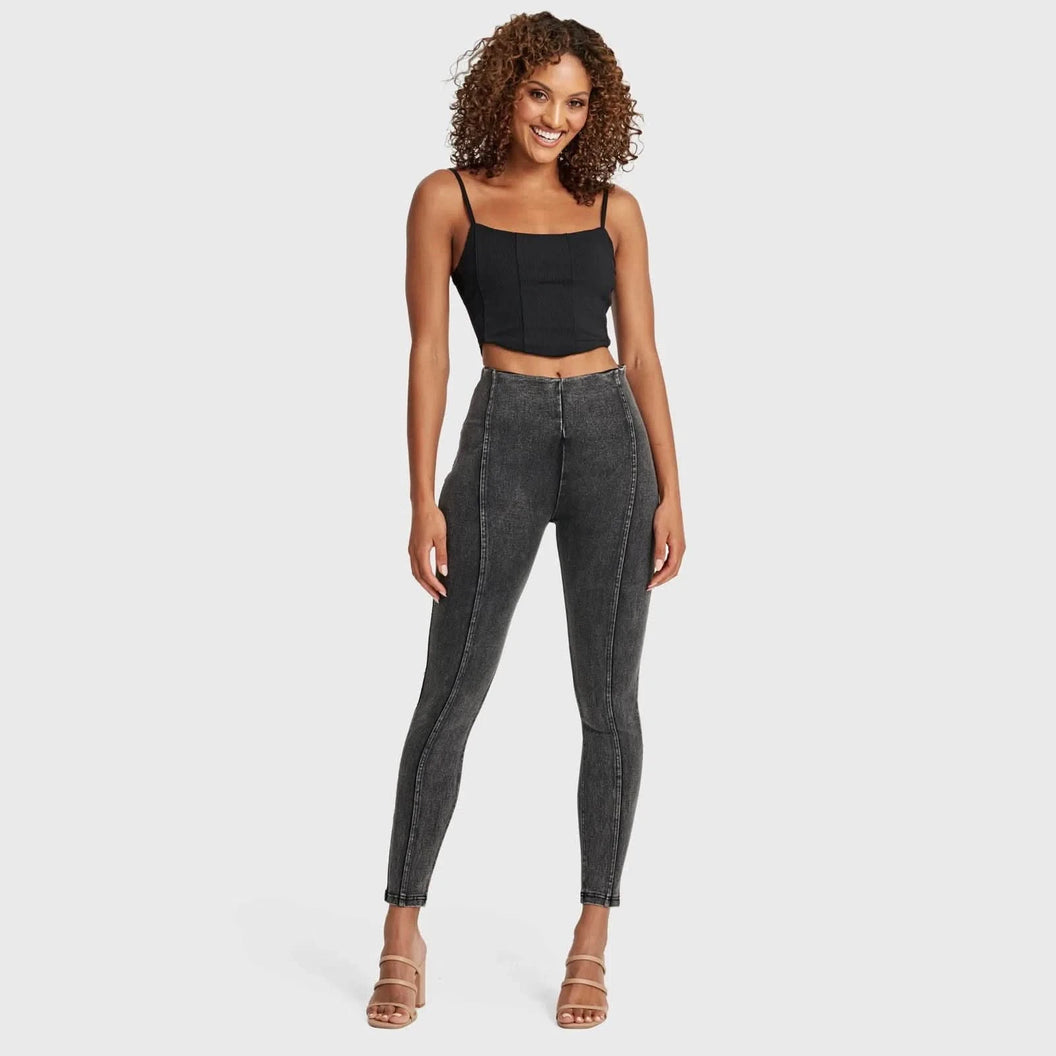 WRUP SNUG Jeans - High Waisted - Full Length - Washed Black + Black Stitching