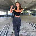 WRUP SNUG Jeans - High Waisted - Full Length - Washed Black + Black Stitching