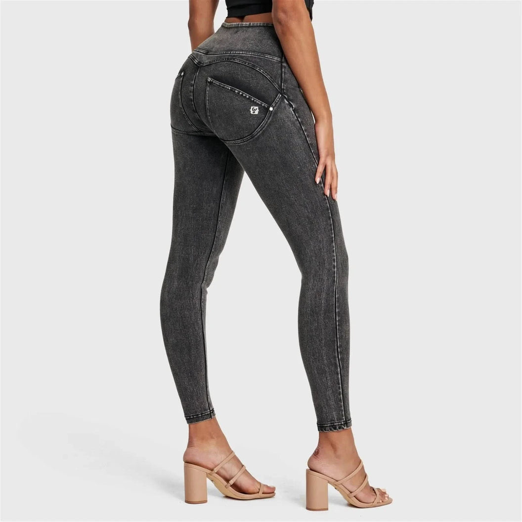 WRUP SNUG Jeans - High Waisted - Full Length - Washed Black + Black Stitching