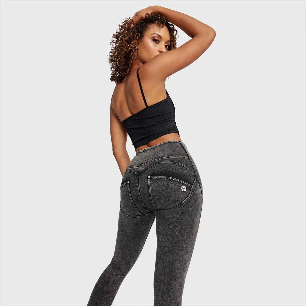 WRUP SNUG Jeans - High Waisted - Full Length - Washed Black + Black Stitching