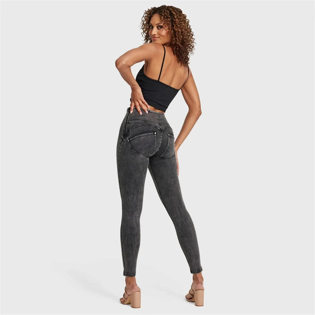 WRUP SNUG Jeans - High Waisted - Full Length - Washed Black + Black Stitching