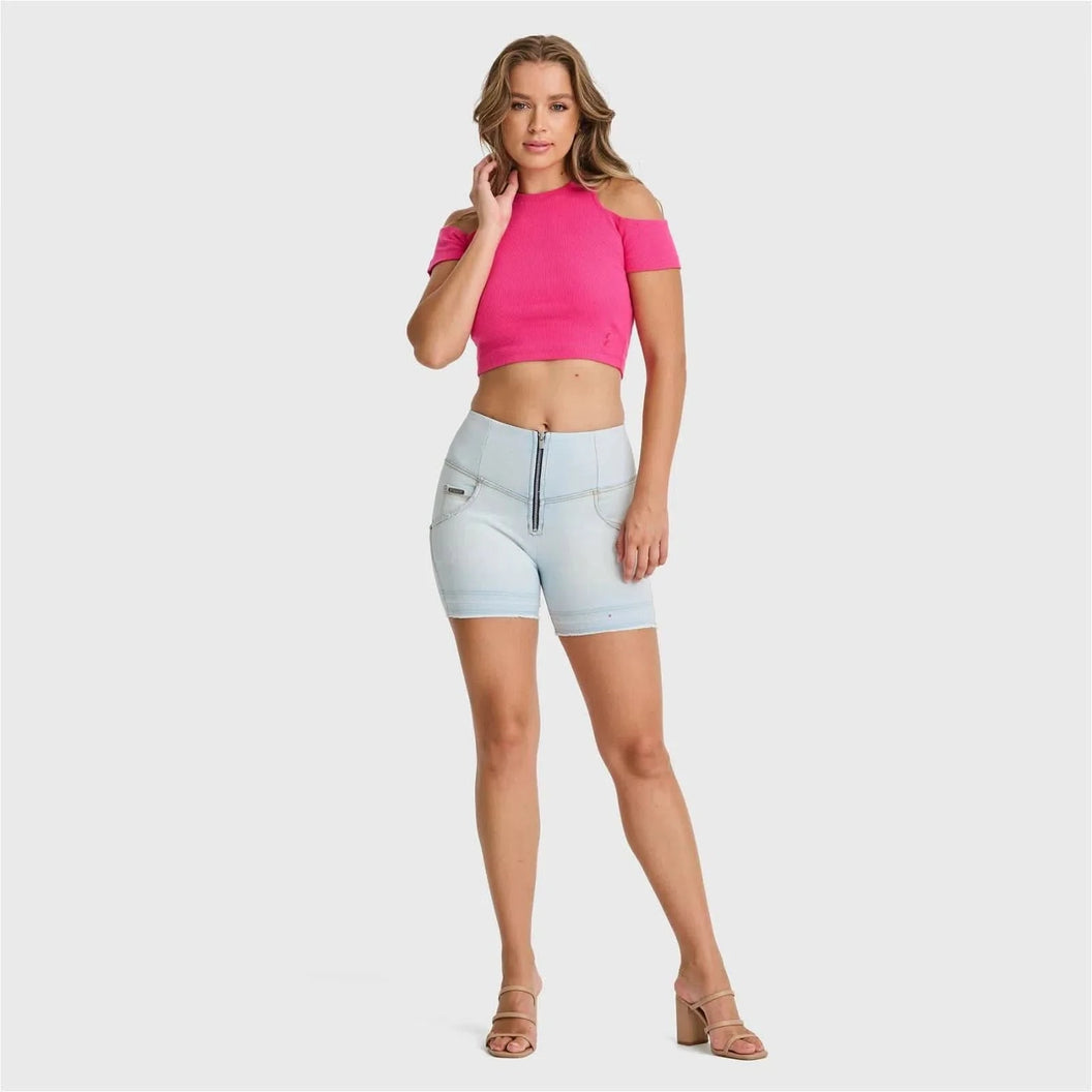 WRUP SNUG Jeans - High Waisted - Shorts - Baby Blue + Yellow Stitching