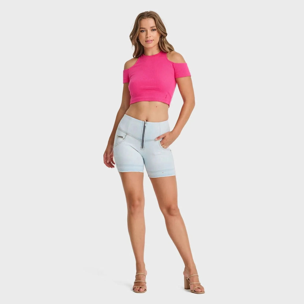 WRUP SNUG Jeans - High Waisted - Shorts - Baby Blue + Yellow Stitching