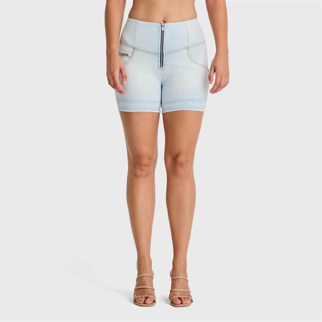 WRUP SNUG Jeans - High Waisted - Shorts - Baby Blue + Yellow Stitching