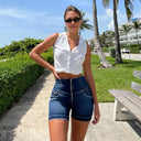 WRUP SNUG Jeans - High Waisted - Shorts - Dark Blue + Blue Stitching