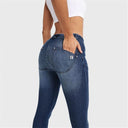 WRUP SNUG Jeans - Mid Rise - Full Length - Dark Blue + Blue Stitching