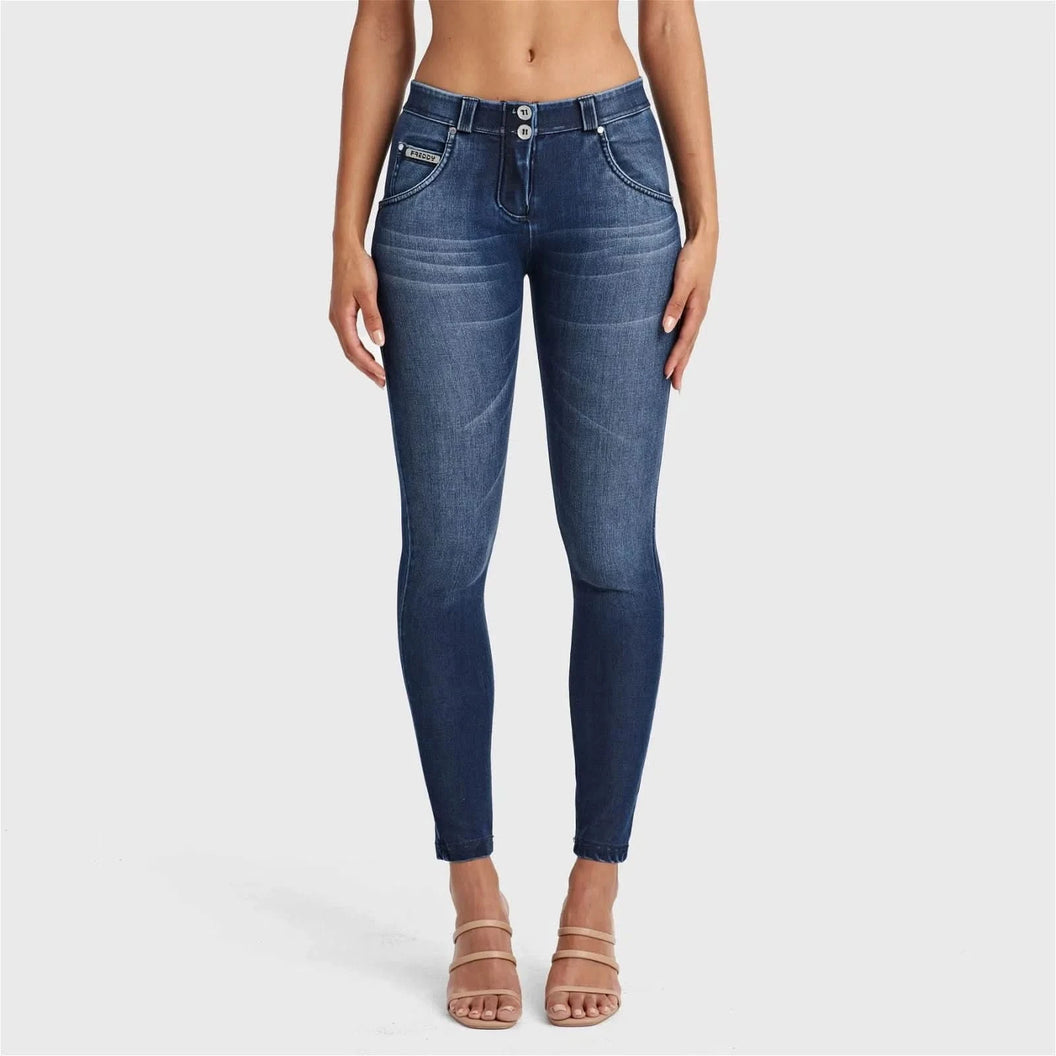 WRUP SNUG Jeans - Mid Rise - Full Length - Dark Blue + Blue Stitching
