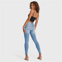 WRUP SNUG Jeans - Mid Rise - Full Length - Light Blue + Yellow Stitching