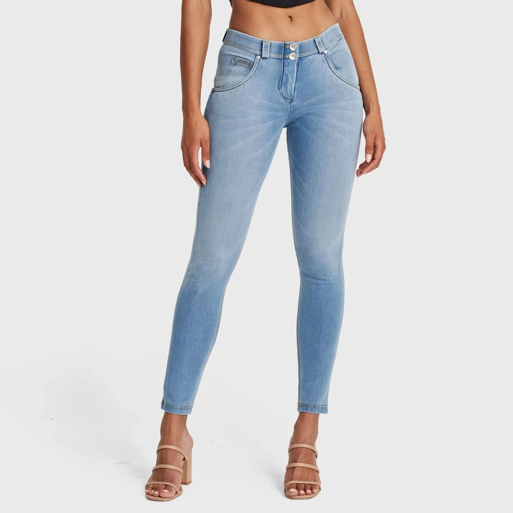 WRUP SNUG Jeans - Mid Rise - Full Length - Light Blue + Yellow Stitching