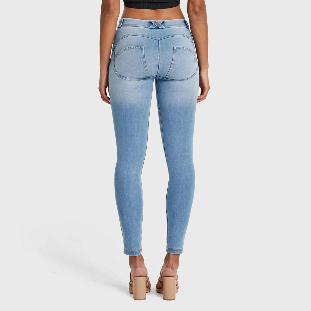 WRUP SNUG Jeans - Mid Rise - Full Length - Light Blue + Yellow Stitching