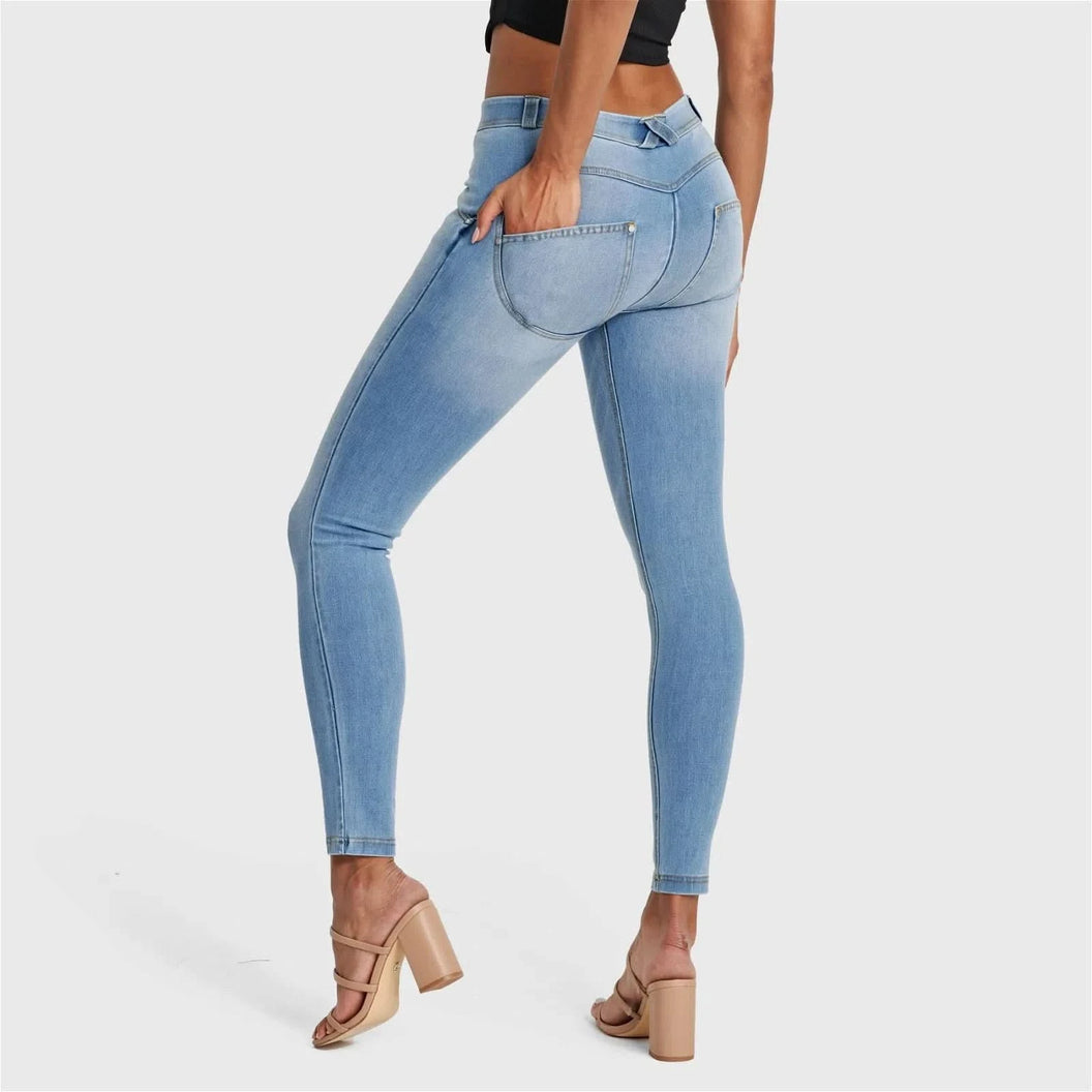 WRUP SNUG Jeans - Mid Rise - Full Length - Light Blue + Yellow Stitching