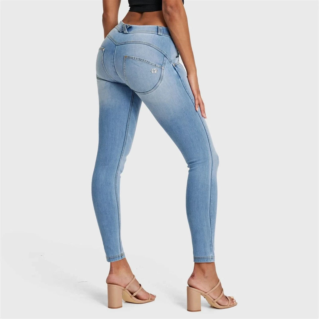WRUP SNUG Jeans - Mid Rise - Full Length - Light Blue + Yellow Stitching
