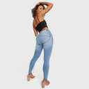 WRUP SNUG Jeans - Mid Rise - Full Length - Light Blue + Yellow Stitching