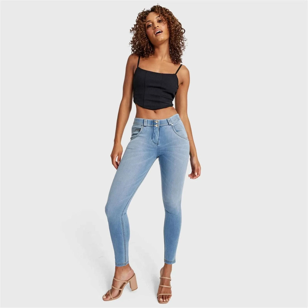 WRUP SNUG Jeans - Mid Rise - Full Length - Light Blue + Yellow Stitching