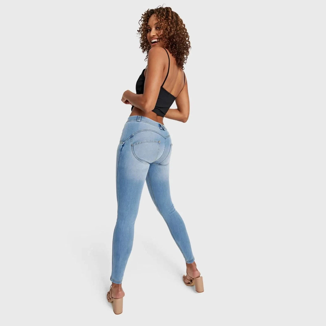 WRUP SNUG Jeans - Mid Rise - Full Length - Light Blue + Yellow Stitching