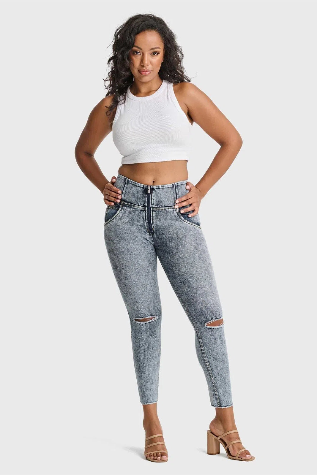 WRUP SNUG Ripped Jeans - High Waisted - 7/8 Length - Blue Stonewash + Yellow Stitching 2