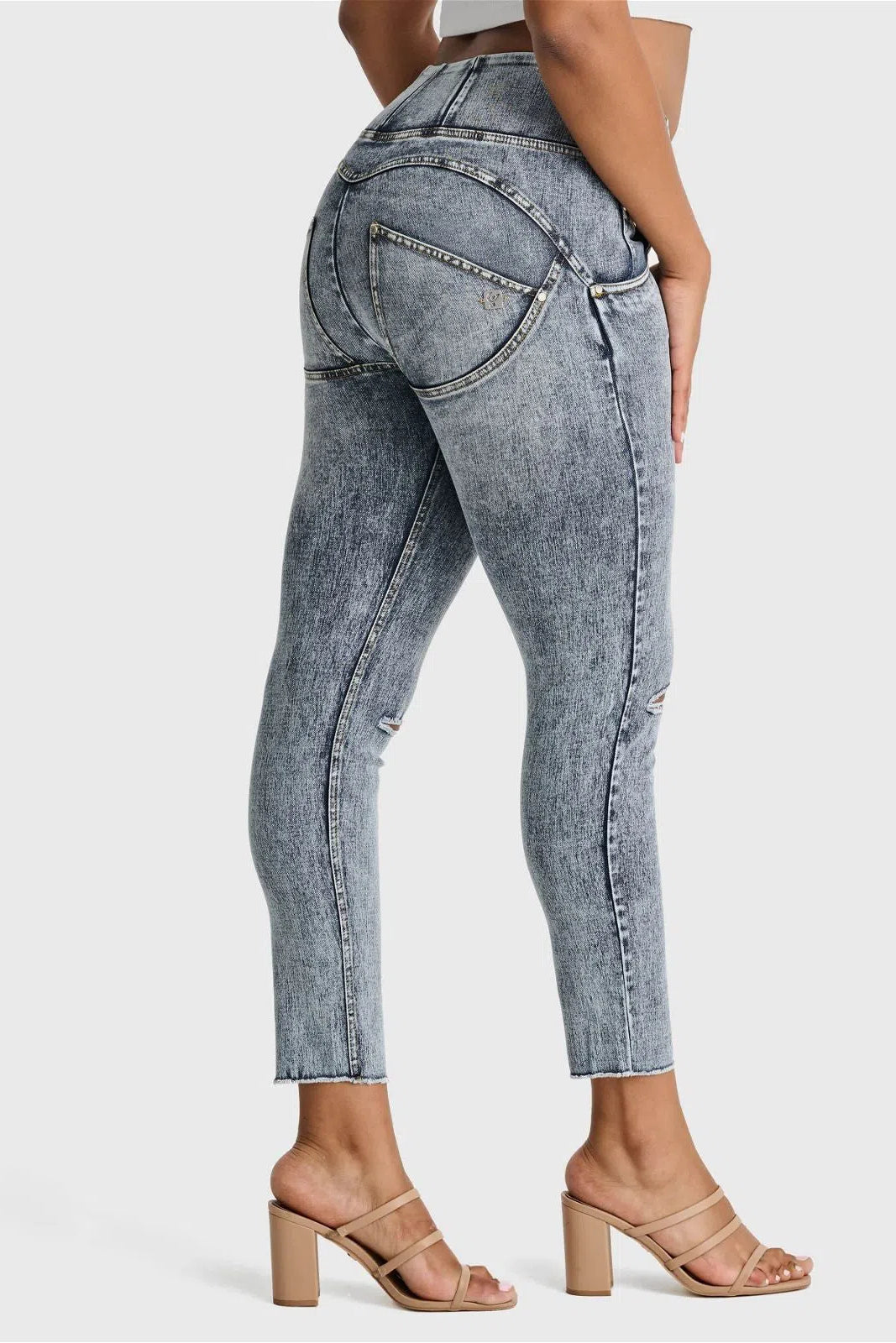 WRUP SNUG Ripped Jeans - High Waisted - 7/8 Length - Blue Stonewash + Yellow Stitching 3