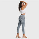 WRUP SNUG Ripped Jeans - High Waisted - Petite Length - Blue Stonewash + Yellow Stitching