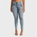 WRUP SNUG Ripped Jeans - High Waisted - Petite Length - Blue Stonewash + Yellow Stitching