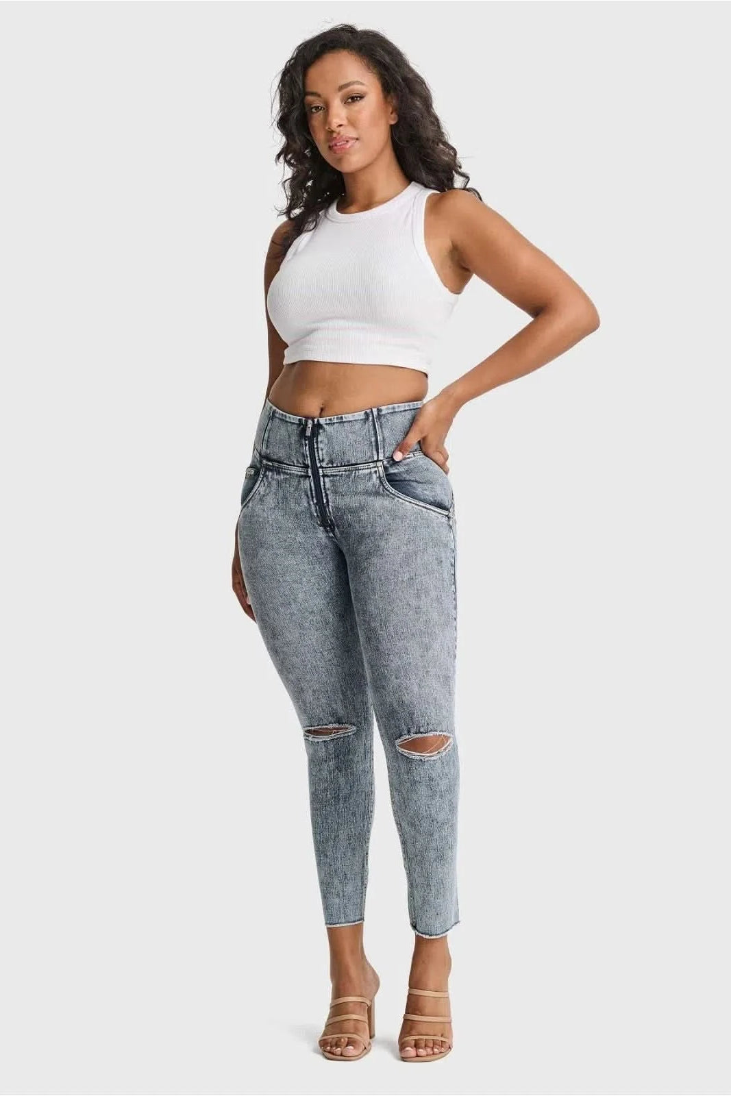 WRUP SNUG Ripped Jeans - High Waisted - 7/8 Length - Blue Stonewash + Yellow Stitching 1
