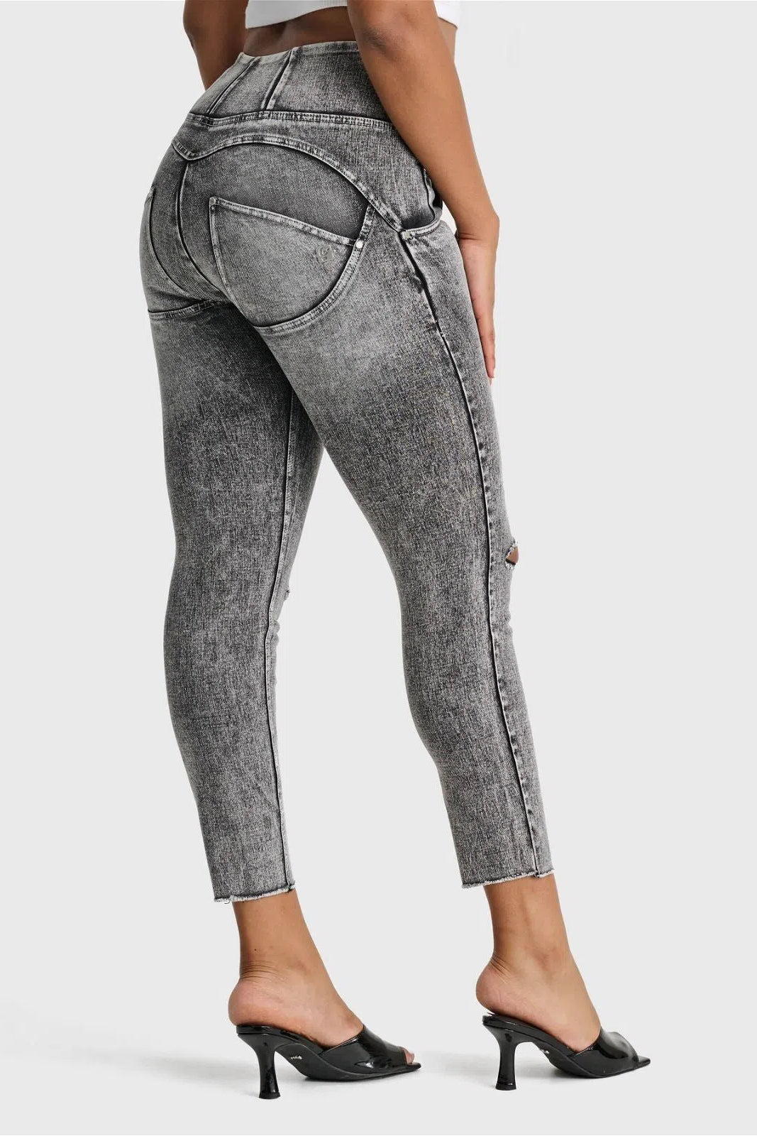 WRUP SNUG Ripped Jeans - High Waisted - 7/8 Length - Grey Stonewash + Grey Stitching 2