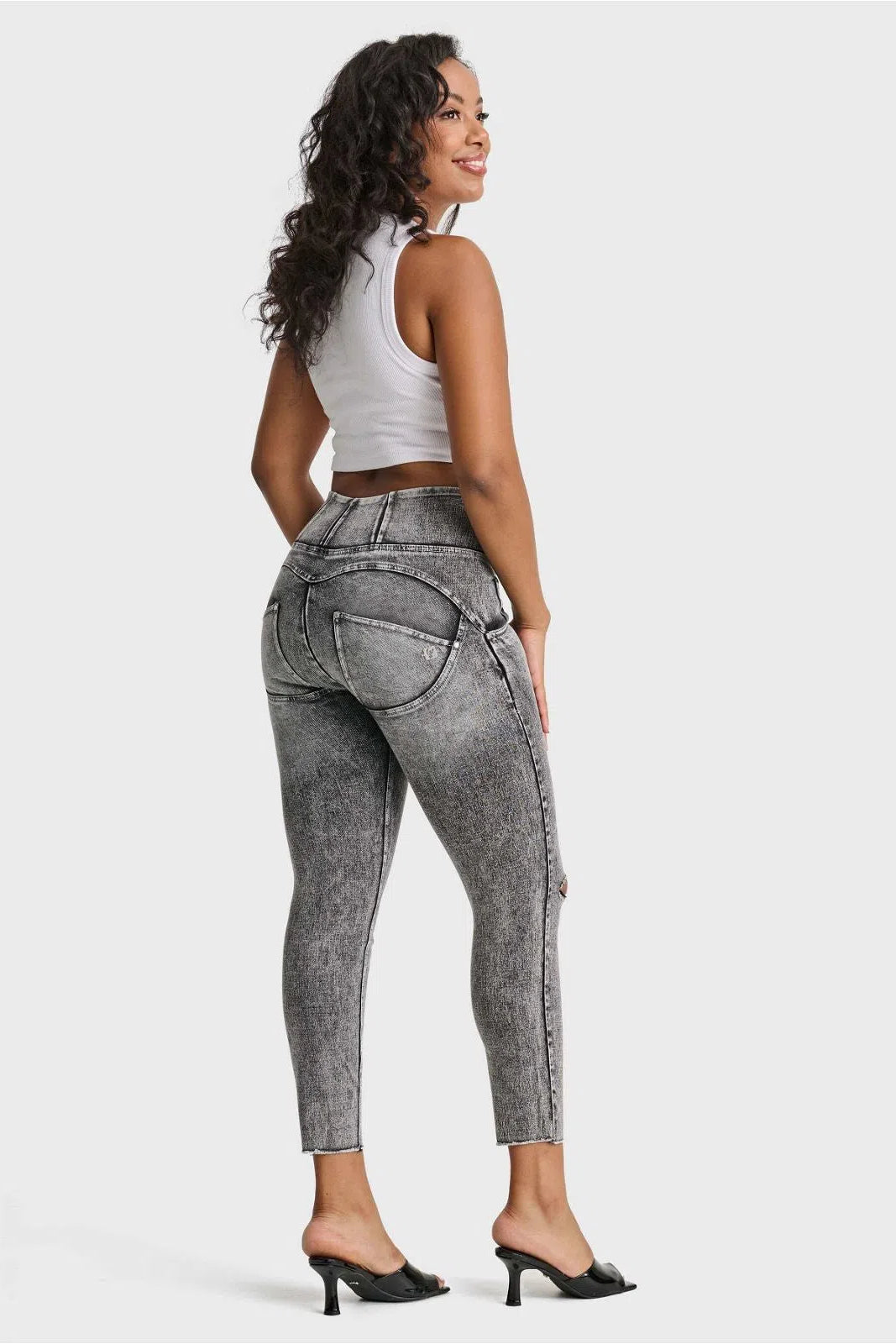 WRUP SNUG Ripped Jeans - High Waisted - 7/8 Length - Grey Stonewash + Grey Stitching 3