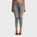 WRUP SNUG Ripped Jeans - High Waisted - Petite Length - Grey Stonewash + Grey Stitching